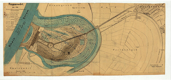 Lageplan zur Erweiterung des Straßen- und Wegenetzes beim Bau des Rheinstrandbades Rappenwört, 1928