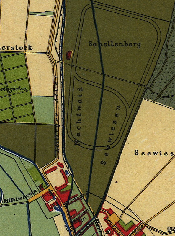 Ausschnitt aus einem Stadtplan von 1914 mit der gut erkennbaren ovalen Form der Pferderennbahn Klein-Rüppurr