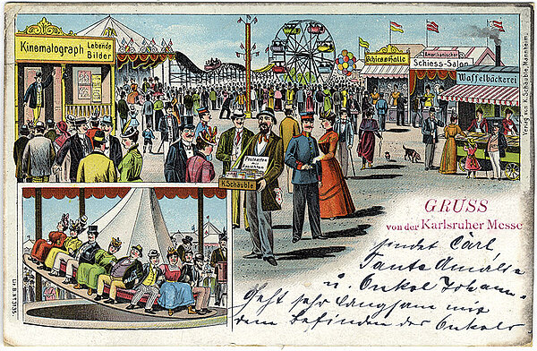 Postkarte von der Karlsruher Mess' mit Blick auf einen Kinematographen aus dem Jahr 1901