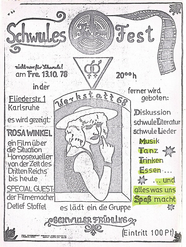 Veranstaltungsflyer Schwules Filmfest mit Unterstreichungen der Karlsruher Stadtverwaltung, 1978