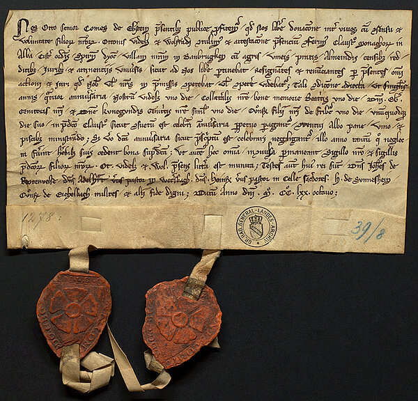 Urkunde mit der Ersterwähnung von "Wetersbach", eine Schenkungsurkunde, mit der Graf Otto I. von Eberstein 1278 dem Kloster Herrenalb ein Dorf im Kraichgau schenkte