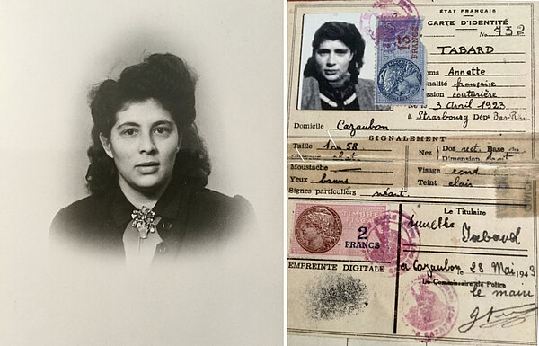 Hannelore Trautmann 1945 nach der Befreiung, rechts ihr gefälschter Ausweis 
