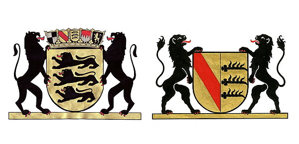 Die beiden deutlich unterschiedenen Entwürfe für das große Landeswappen des neuen Bundeslandes im Südwesten Deutschlands stammen von den Archivaren aus Stuttgart (links) und aus Karlsruhe (rechts).