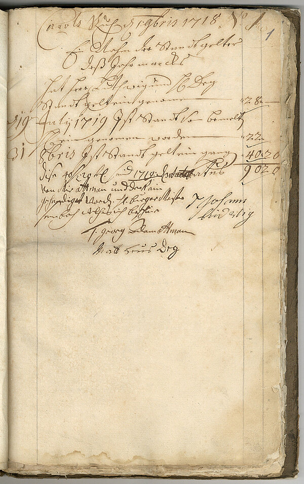 Rechnungsbeleg vom 1. November 1718, erstes Dokument der Stadtverwaltung