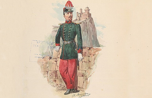 Offizier der Festungsgarde von San Marino um 1870, im Hintergrund der Burgfelsen, Aquarell aus einem Sammelalbum, New York Public Library 