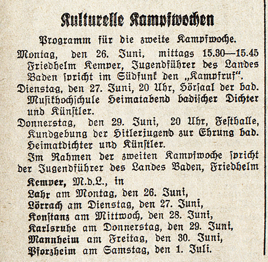 Artikel "Programm für die zweite Kampfwoche", Der Führer vom 23. Juni 1933