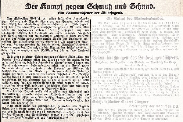 Artikel "Der Kampf gegen Schmutz und Schund", Badische Presse vom 18. Juni 1933