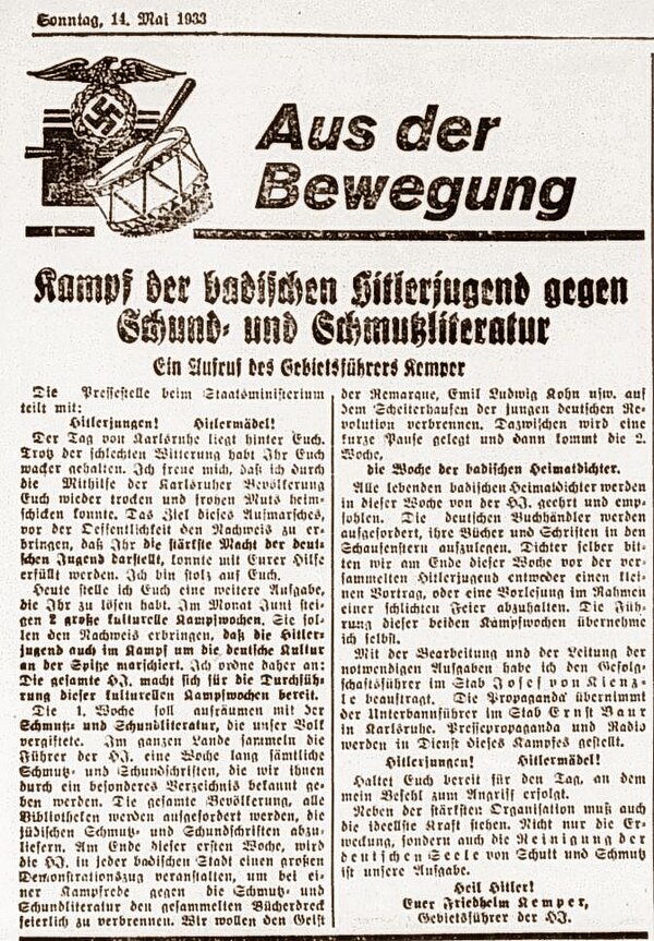 Artikel "Kampf der badischen Hitlerjugend gegen Schund- und Schmutzliteratur", Der Führer vom 14. Mai 1933