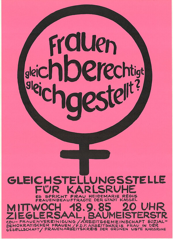 Plakat mit der Forderung nach Einsetzung einer Frauenbeauftragten in der Stadtverwaltung durch die Frauenorganisationen aller Gemeinderatsfraktionen