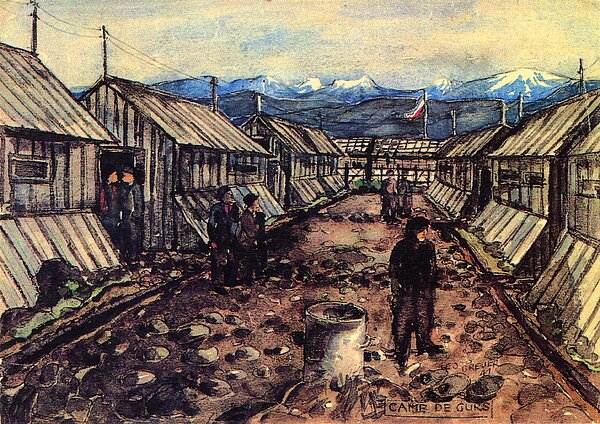 Zeichnung einer der unwegsamen Lagerstraßen in Camp de Gurs etwa 1941 mit dem Gebirgszug der Pyrenäen im Hintergrund, Stadtarchiv Karlsruhe 8/PBS oVI 460