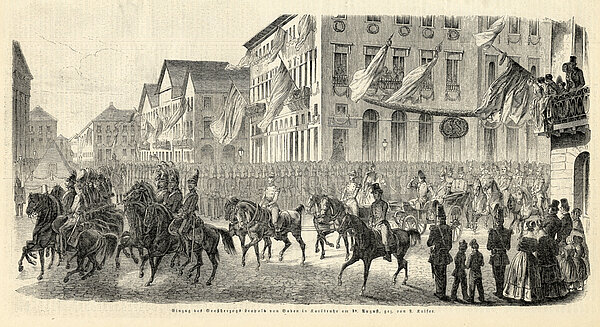 Einzug des Großherzogs Leopold in Karlsruhe am 18. August 1849, hier in der Kaiserstraße beim Marktplatz. Druck aus der Illustrierten Zeitung nach einer Grafik von Friedrich Kaiser