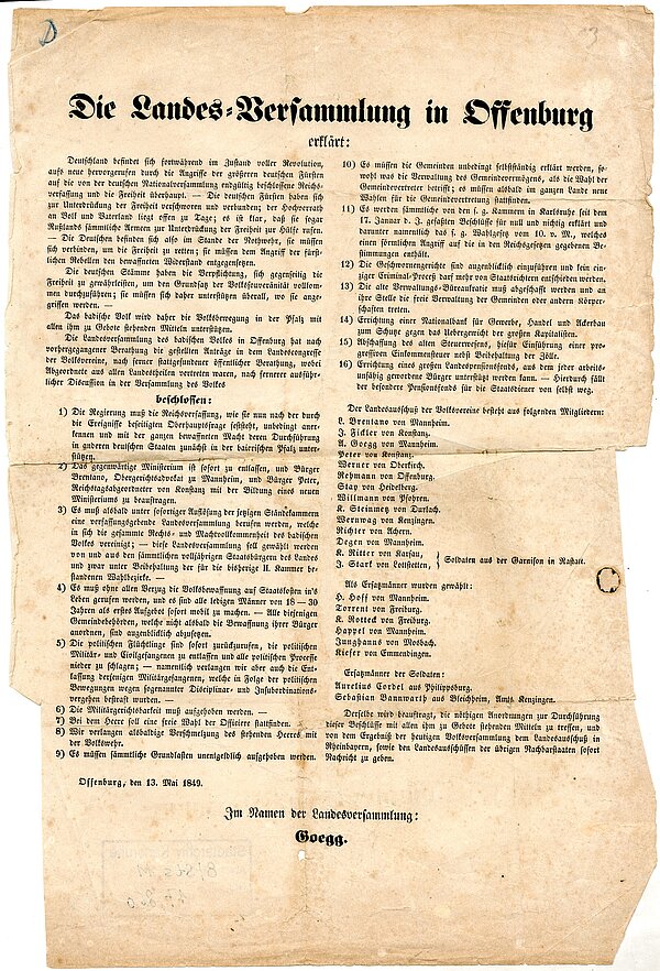 Bericht über die Landesversammlung in Offenburg und Beschluss zur Verteidigung der Reichsverfassung gegenüber den Fürsten, 13. Mai 1849, Offenburg