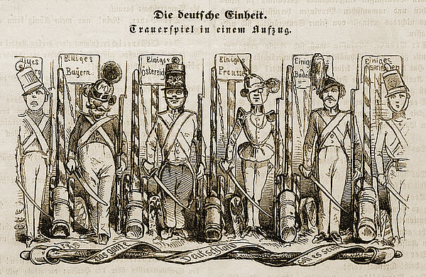 Karikatur: „Die deutsche Einheit. Trauerspiel in einem Aufzug." Aus den Münchner Leuchtkugeln. Die Partikularinteressen der einzelnen deutschen Länder erschweren das Ziel einer deutschen Einheit.