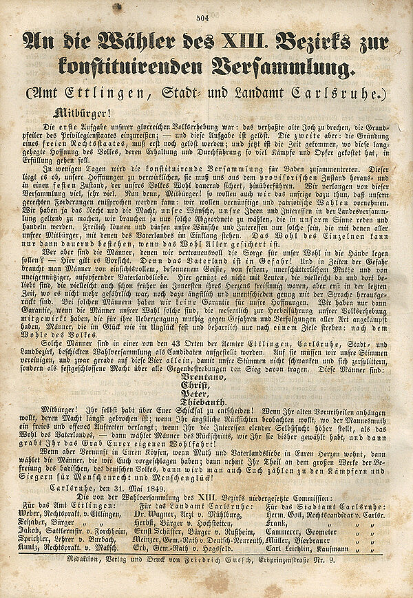 Wahlaufruf der Volksvereine des 13. Wahlbezirks zur Wahl der Verfassunggebenden Versammlung, Stadt- und Landbote vom 2. Juni 1849