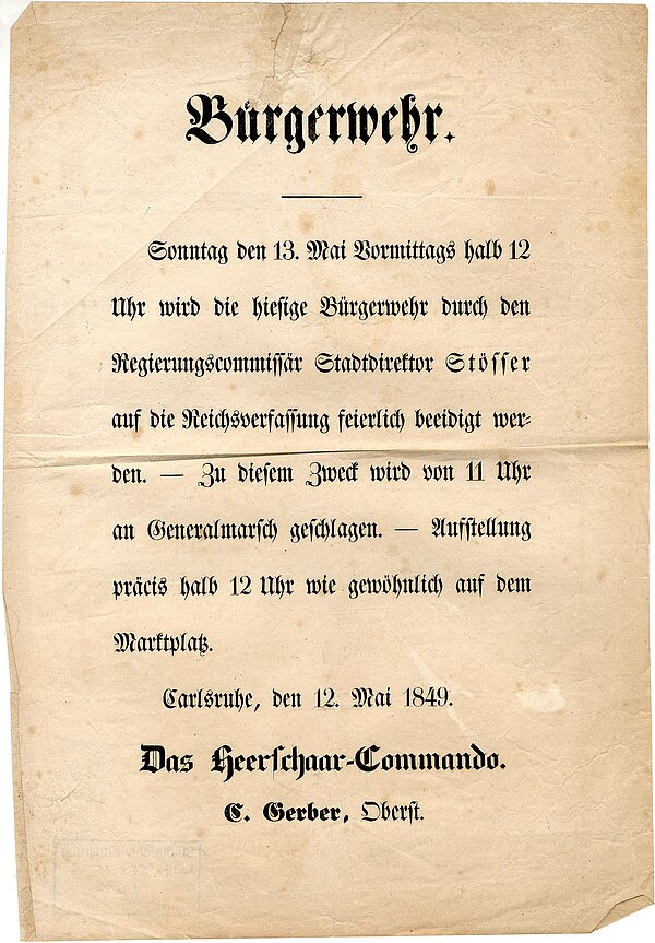 Einberufung der Bürgerwehr zu ihrer Vereidigung auf die Reichsverfassung am 13. Mai 1849