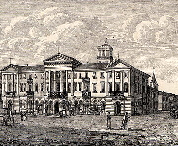 Das Karlsruher Rathaus mit Marktplatz, Lithographie von P. Wagner um 1840