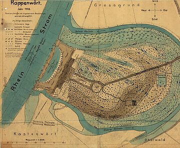 Lageplan zur Erweiterung des Straßen- und Wegenetzes  beim Bau des Rheinstrandbades Rappenwört, 1928