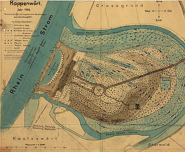 Lageplan zur Erweiterung des Straßen- und Wegenetzes  beim Bau des Rheinstrandbades Rappenwört, 1928