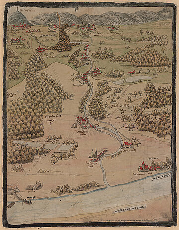 Panoramaansicht der Landschaft zwischen Rhein und Schwarzwald, in der 1715 Karlsruhe gegründet wurde, Ende des 16. Jahrhunderts.
