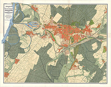 Stadtplan von 1915 mit dem 1913 eröffneten neuen Hauptbahnhof und der Hafenerweiterung.