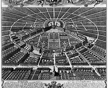 Ansicht der Stadt von Süden 1739, Kupferstich nach einer Zeichnung des Hofgärtners Christian Thran. 