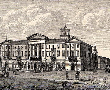 Das Karlsruher Rathaus mit Marktplatz, Lithographie von P. Wagner um 1840