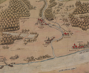 Panoramaansicht der Landschaft zwischen Rhein und Schwarzwald, in der 1715 Karlsruhe gegründet wurde, Ende des 16. Jahrhunderts
