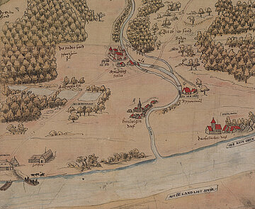 Panoramaansicht der Landschaft zwischen Rhein und Schwarzwald, in der 1715 Karlsruhe gegründet wurde, Ende des 16. Jahrhunderts