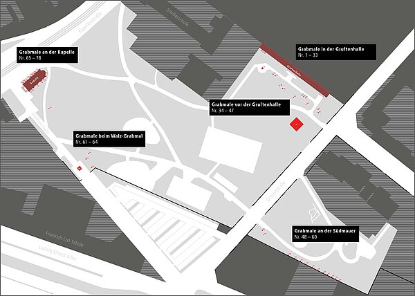 Übersichtsplan des Alten Friedhofs mit den Standorten der noch vorhandenen Grab- und Denkmale
