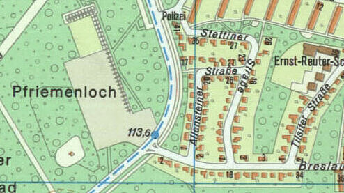 Ausschnitt des Karlsruher Stadtplans von 1979, auf dem nördlich der Breslauer Straße noch das Gelände des ehemaligen Schießstandes erkennbar ist