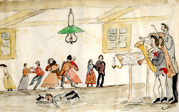 kolorierte Zeichnung der Hagsfelder Kirchweih