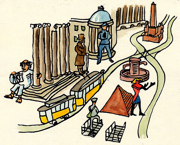 Farbige Illustration der Straßenbahn