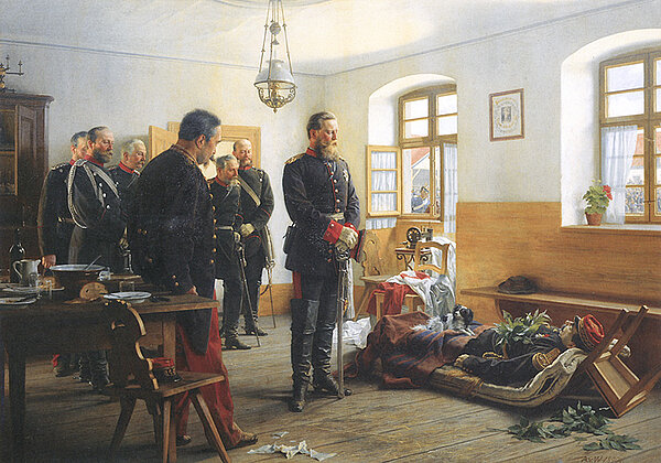 Anton von Werner: Kronprinz Friedrich Wilhelm an der Leiche des Generals Abel Douay nach dem Gefecht bei Weißenburg am 4. August 1870, Gemälde