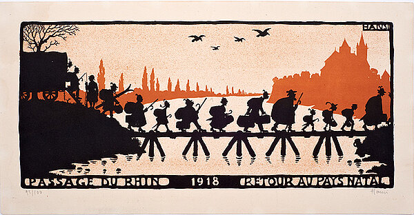 Karikatur von "Hansi" Jean Jacques Waltz: "Passage du Rhin – 1918-Retour au Pays natal"