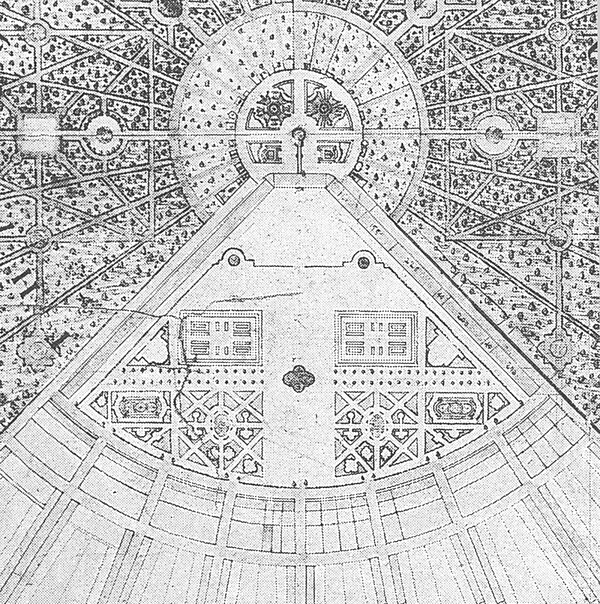 Der vordere Schlossgarten um das Jahr 1718 mit dem zentralen Brunnen
