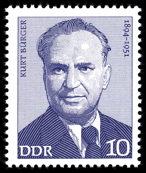 Der Karlsruher Spanienkämpfer Karl Ganz alias Kurt Bürger wurde 1946 SED-Abgeordneter des Landtags von Mecklenburg und 1951 kurz vor seinem Tod Ministerpräsident des Landes (Briefmarke der DDR 1974)