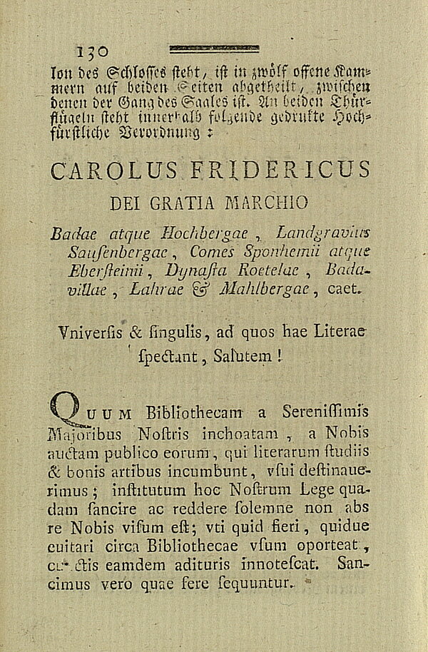 Die erste Benutzungsordnung der badischen Hofbibliothek von 1771, Druck 1786