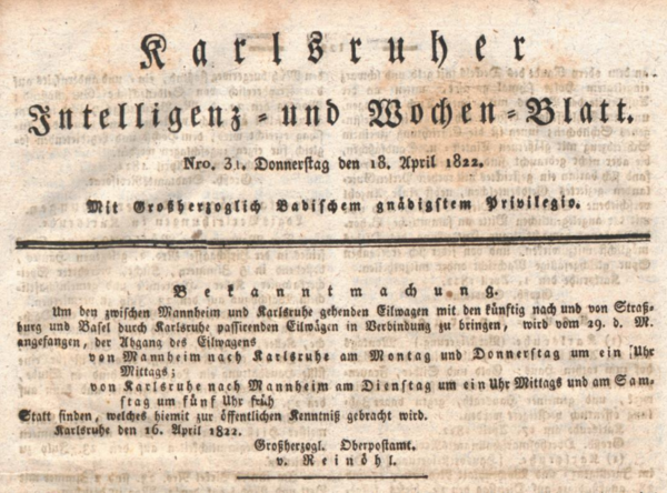 Bekanntmachung im Karlsruher Intelligenz- und Wochenblatt vom 18. April 1822