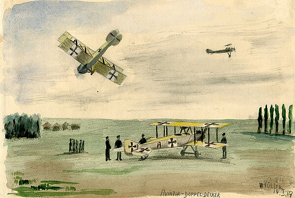 Aquarell "Aviatik-Doppel-Decker" von Hans Müller, 14. Januar 1917